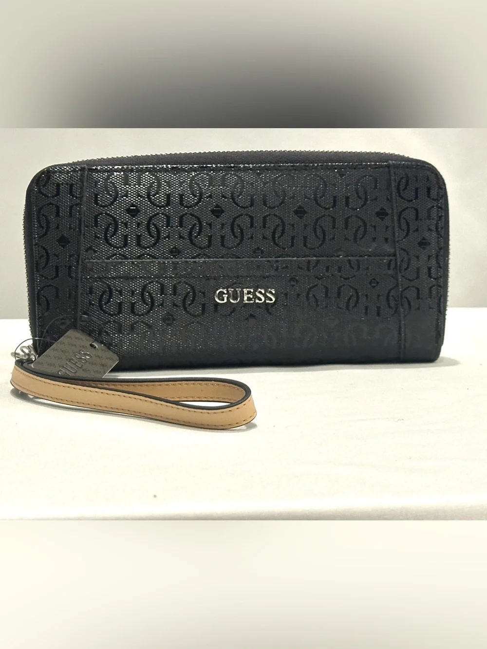 GUESS Black Logo Zip Wallet with Tan Wrist Strap
